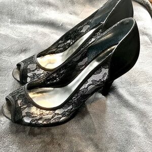 satin & lace peep toe pumps